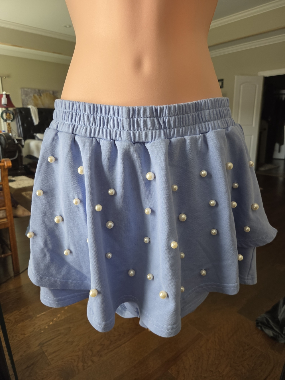 entro Light Blue Pearl-Studded Skater Skirt